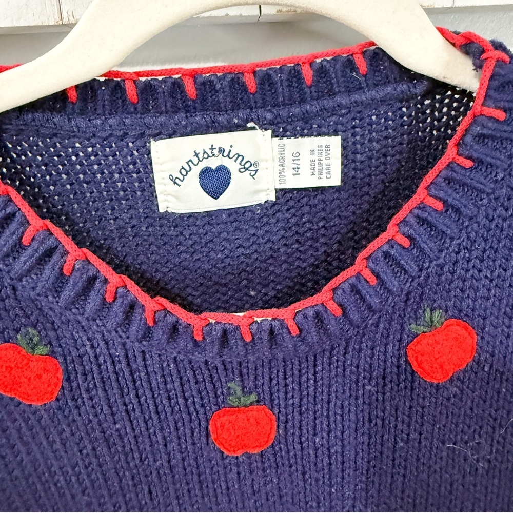 Vintage Hartstrings 3D Horse Sweater Navy Red Apples 14/16 - Picture 2 of 4